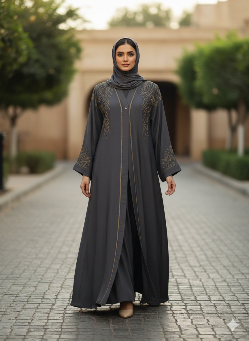 Elysian Grey Embroidered Abaya With Matching Hijab | Steps on Style
