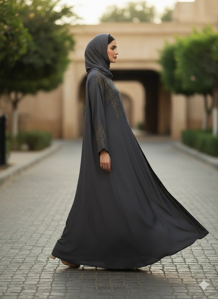 Elysian Grey Embroidered Abaya With Matching Hijab | Steps on Style