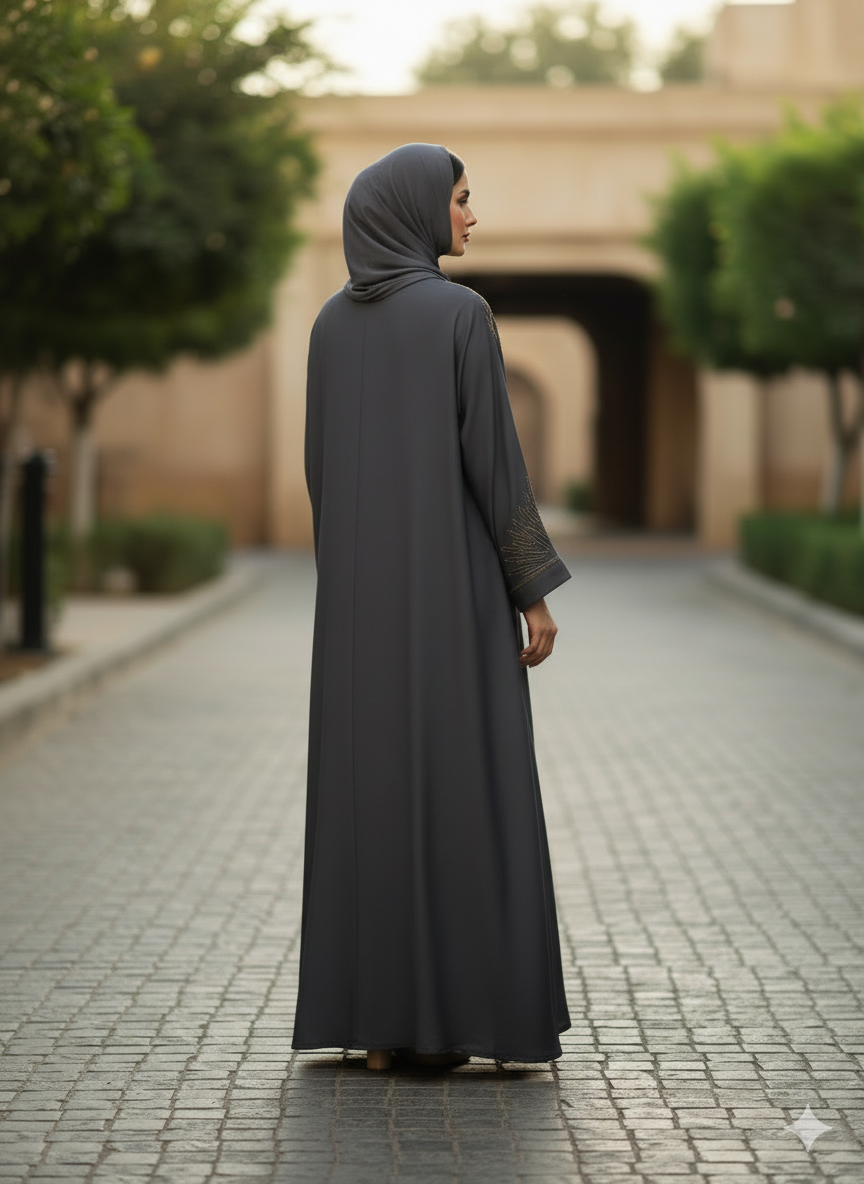 Elysian Grey Embroidered Abaya With Matching Hijab | Steps on Style