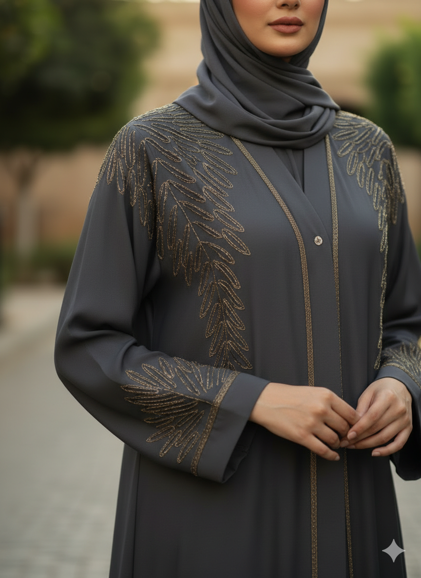 Elysian Grey Embroidered Abaya With Matching Hijab | Steps on Style